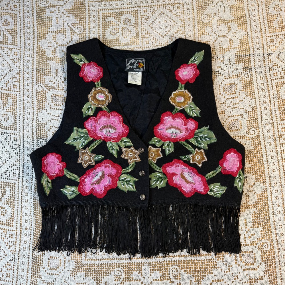 Vtg Colorful Flower Patchwork Vest Boho Artsy Hippie Fringe Western Cowgirl L